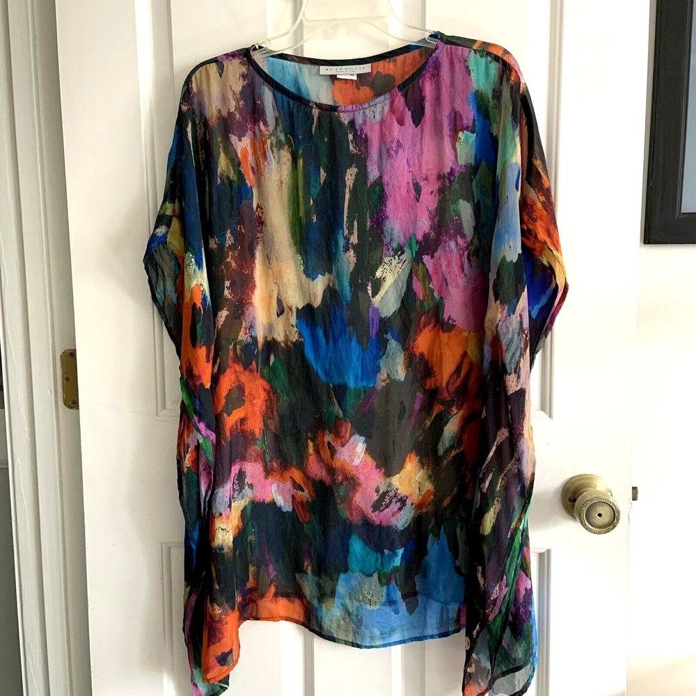 BRYN WALKER 100% Silk Sheer Pina Paletta Boxy Poncho Blouse Sz XXS  boxy fit